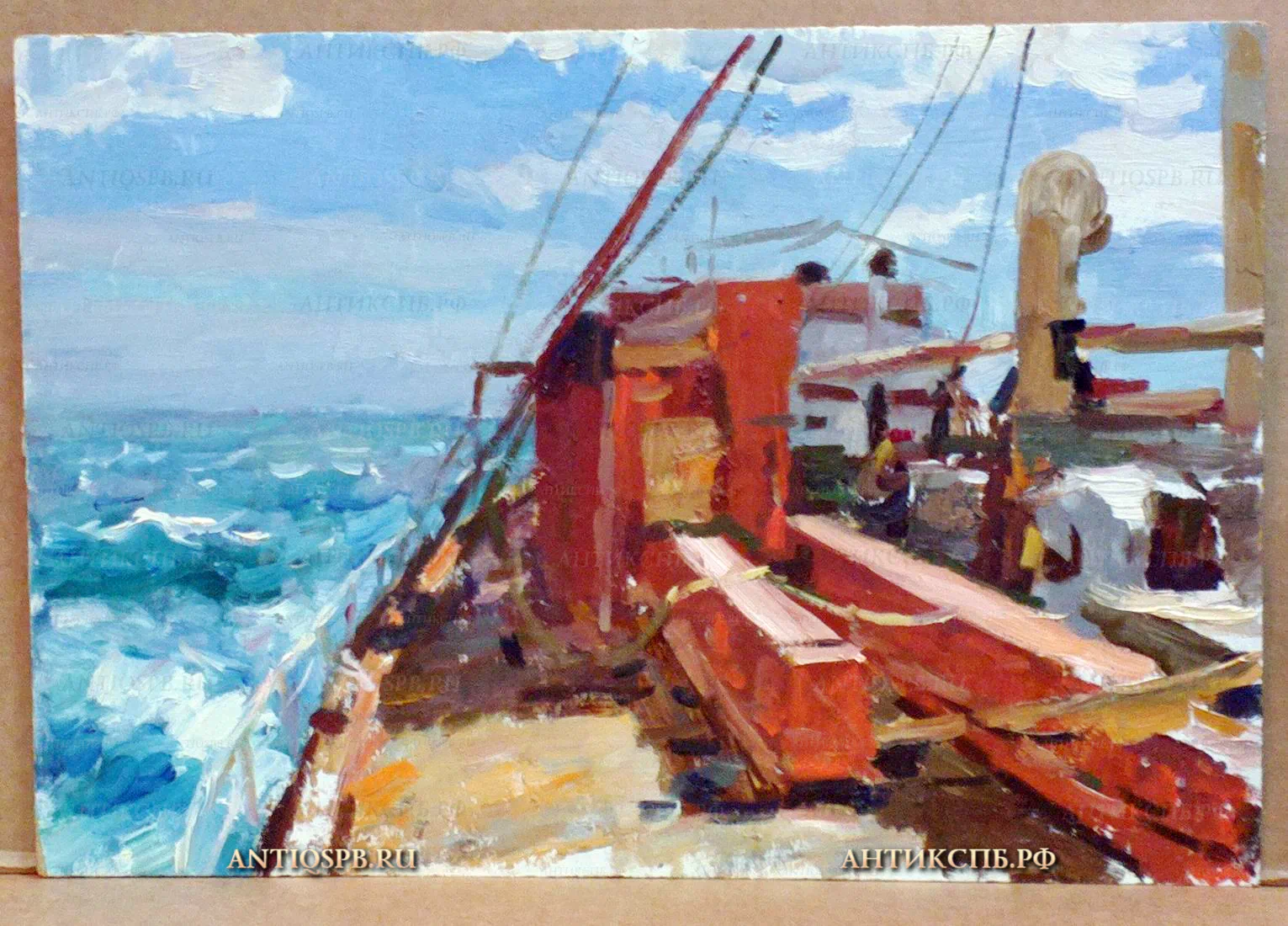Картина "Вид на море с кормы". Картон, масло. Бантиков Андрей Сергеевич (1914-2002). СССР. Сер. XX века. №179